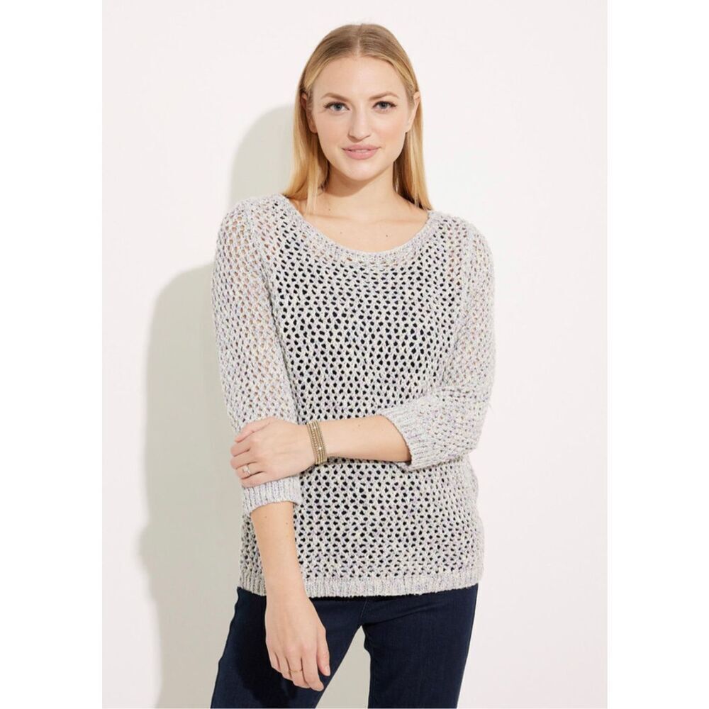 Jones Studio Women’s Silver Knitted 3/4 Sleeve Crew Neck Blouse Size M